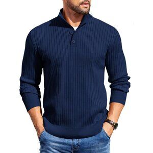 Men's Quarter Button Sweater Long Sleeve Stand Collar Sweater Knitted Navy Blue